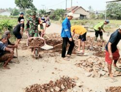 Tumbuhkan Rasa Kebersamaan, Babinsa Gotong Royong Bersama Warga Timbun Jalan Berlubang